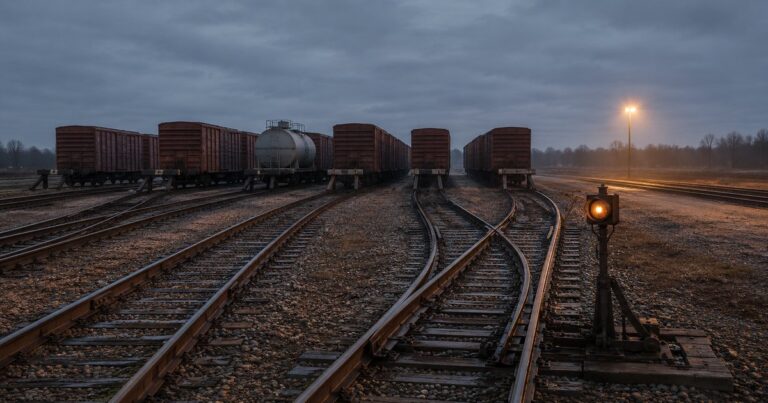 A small-scale railway classification yard at dawn, with a single rail switch fanning out into three parallel classification tracks and one mismatched freight car sitting among matched boxcars on one of the sidings — illustrating how a single misassigned NCCI class code can sit unnoticed inside an otherwise routine workers compensation payroll schedule.