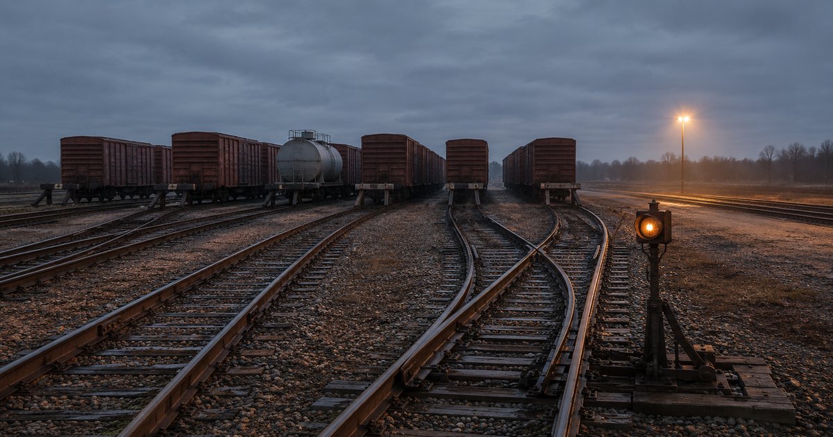 A small-scale railway classification yard at dawn, with a single rail switch fanning out into three parallel classification tracks and one mismatched freight car sitting among matched boxcars on one of the sidings — illustrating how a single misassigned NCCI class code can sit unnoticed inside an otherwise routine workers compensation payroll schedule.