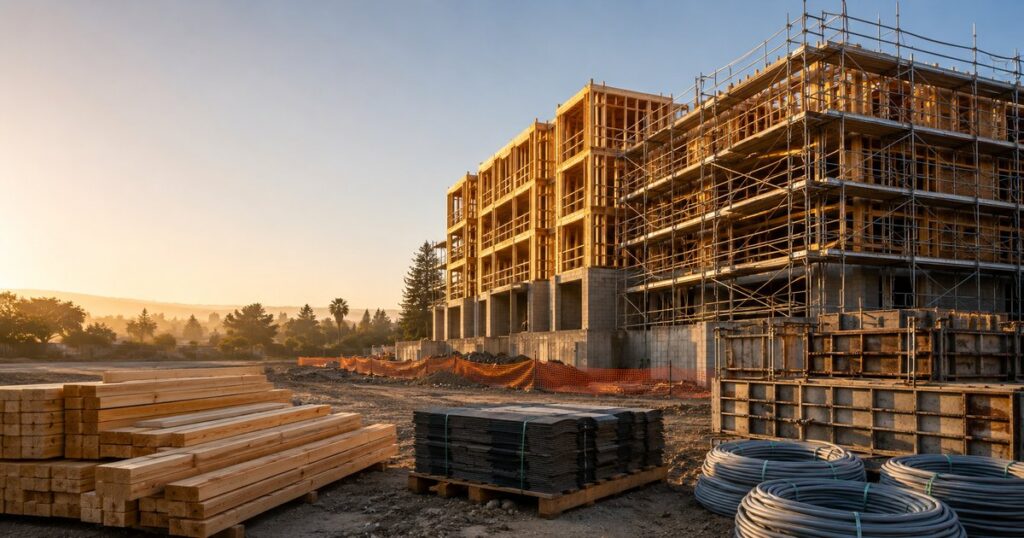 An early-morning construction site with no workers present: a wood-framed building wrapped in tiered scaffolding, with the staging yard in the foreground divided into separate trade zones — stacked framing lumber, a pallet of roofing shingles, coils of electrical conduit, and concrete formwork — illustrating the distinct trade class codes and layered subcontractor relationships behind a single contracting project.