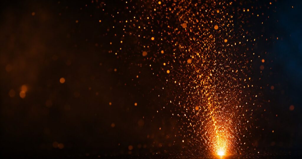A dense upward shower of countless small glowing embers and sparks rising from a single bright source low in the frame against a warm, dark interior, densest and brightest near the base and thinning as they drift up — illustrating that restaurant workers compensation risk is driven by the high frequency of many small injuries rather than one large loss.