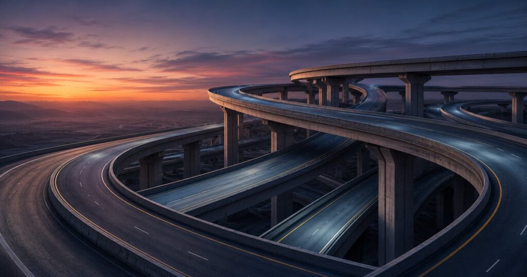 An elevated view of a vast empty multi-level highway interchange at dusk, three or four concrete roadway ribbons curving over and under one another at different heights in asphalt grays and slate-violet evening light — illustrating the overlapping layers of class codes, state jurisdictions, and federal rules a trucking workers compensation program must pass through.