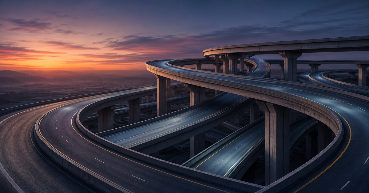 An elevated view of a vast empty multi-level highway interchange at dusk, three or four concrete roadway ribbons curving over and under one another at different heights in asphalt grays and slate-violet evening light — illustrating the overlapping layers of class codes, state jurisdictions, and federal rules a trucking workers compensation program must pass through.