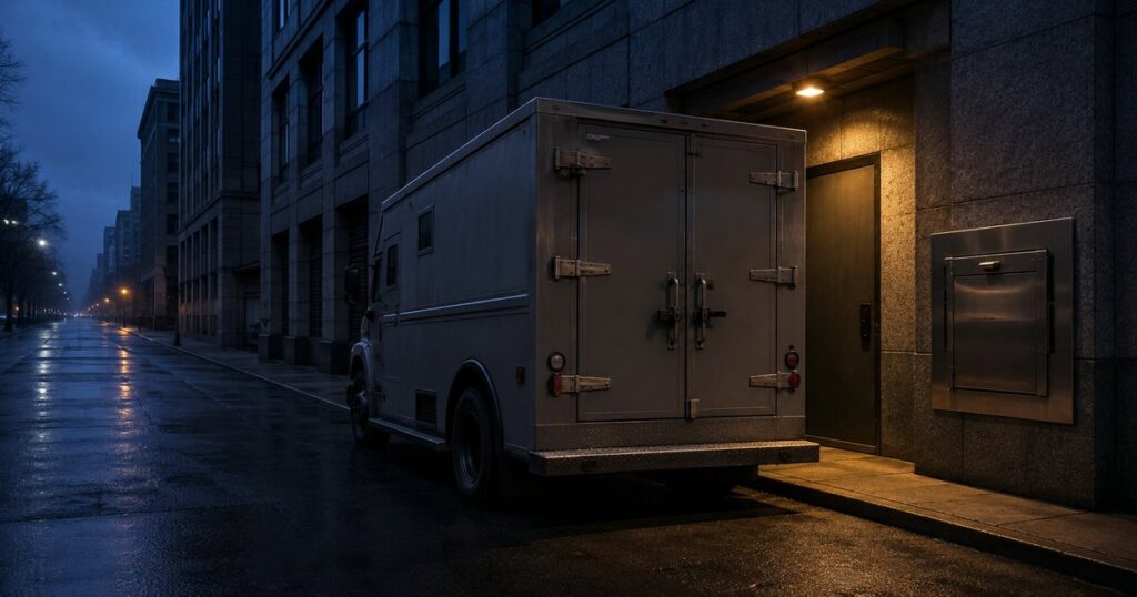 A gray armored cash-transport truck parked at the granite rear service entrance of a bank before sunrise, rear doors closed and latched, beside a sealed stainless-steel night depository, with an empty pre-dawn street stretching away under one warm security light — a visual metaphor for how businesses armor the physical channels money moves through while the deception-based channel, the one no steel guards, stays open.