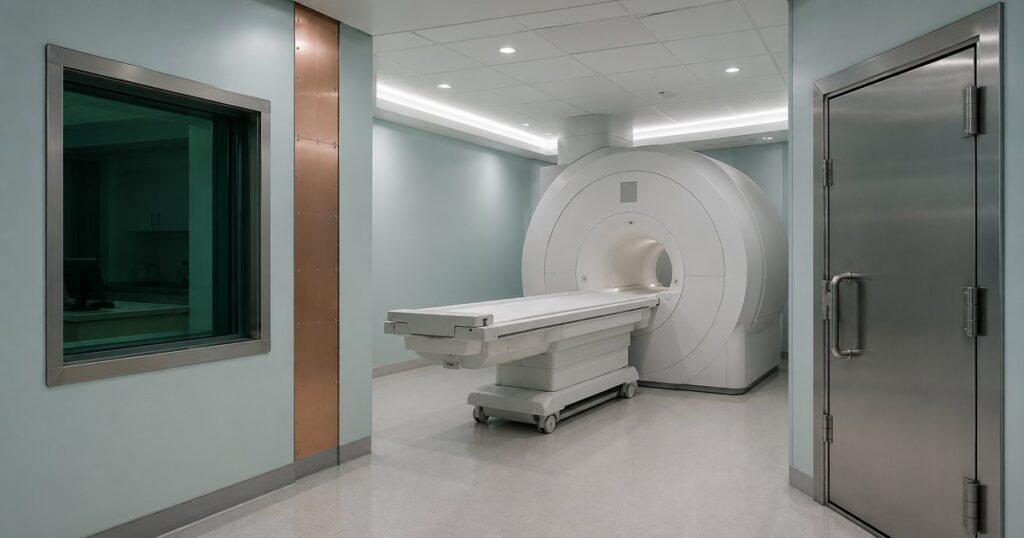 An empty hospital MRI suite with a white cylindrical scanner, copper RF-shielding seams in the walls, a deep-set leaded-glass observation window, and a heavy shielded door closed flush in its steel frame — a visual metaphor for protection engineered into the structure itself, the way healthcare cyber coverage must be built around HIPAA from the start.