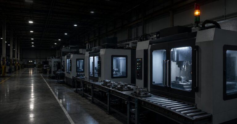 A modern CNC machining line at night, powered but completely still — enclosed machines with doors closed, unfinished parts motionless on the conveyor, and a single steady amber stack light overhead — a visual metaphor for a manufacturer's real cyber loss: a plant that is intact and powered, yet not producing.