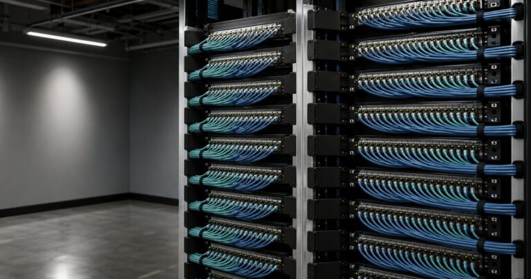 A perfectly organized structured-cabling wall in a software company's network room — symmetric cable bundles sweeping between patch panels on open-frame racks under cool white light — a visual metaphor for what cyber underwriters look for in a SaaS account: security discipline that can be demonstrated at a glance.