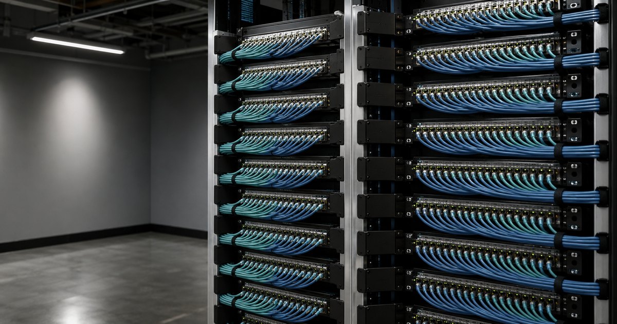 A perfectly organized structured-cabling wall in a software company's network room — symmetric cable bundles sweeping between patch panels on open-frame racks under cool white light — a visual metaphor for what cyber underwriters look for in a SaaS account: security discipline that can be demonstrated at a glance.