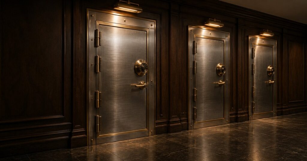 The strongroom corridor of a historic private bank with a dark walnut-paneled wall set with three identical closed rectangular steel vault doors in a row, each with brass combination dial and lever handle, lit by warm sconces over dark stone flooring with no people present — a visual metaphor for the three insuring agreements inside a single directors and officers policy, each paying a different insured.
