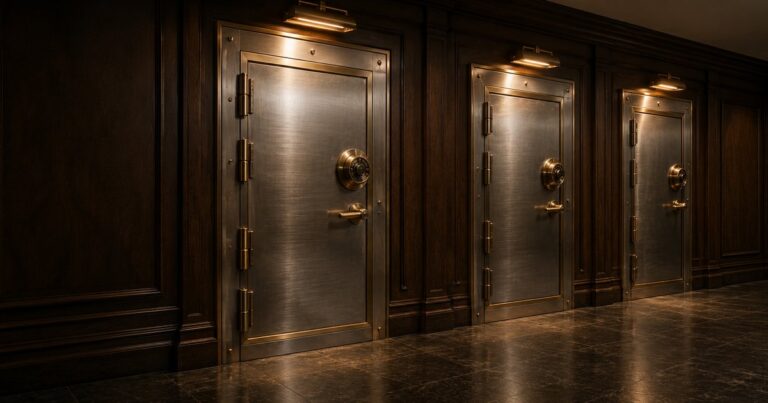 The strongroom corridor of a historic private bank with a dark walnut-paneled wall set with three identical closed rectangular steel vault doors in a row, each with brass combination dial and lever handle, lit by warm sconces over dark stone flooring with no people present — a visual metaphor for the three insuring agreements inside a single directors and officers policy, each paying a different insured.
