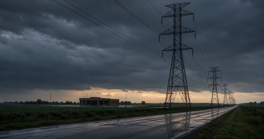 A rural Midwestern high-voltage transmission line corridor at dusk after a storm, steel lattice towers receding across flat farmland under a heavy blue-gray sky, with a small undamaged single-story commercial building in the middle distance sitting dark and closed with an empty parking lot, no people present — a visual metaphor for business interruption losses that begin off premises, at the utility or a dependent property, while the insured building itself is physically untouched.