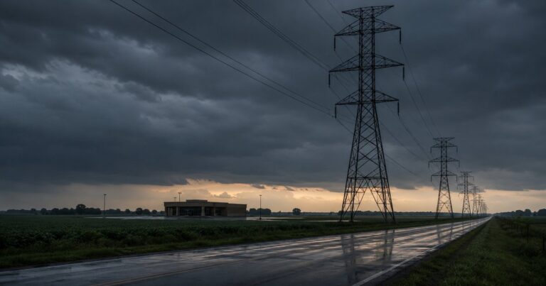 A rural Midwestern high-voltage transmission line corridor at dusk after a storm, steel lattice towers receding across flat farmland under a heavy blue-gray sky, with a small undamaged single-story commercial building in the middle distance sitting dark and closed with an empty parking lot, no people present — a visual metaphor for business interruption losses that begin off premises, at the utility or a dependent property, while the insured building itself is physically untouched.