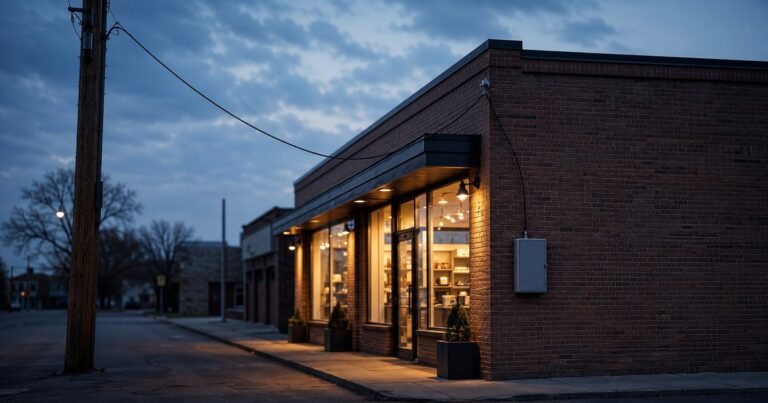 A warmly lit storefront business at dusk with a single thin fiber service drop descending from a utility pole to a closed gray demarcation box on its brick wall — a visual metaphor for dependent business interruption: a healthy business whose income depends entirely on the vendors at the other end of the line.