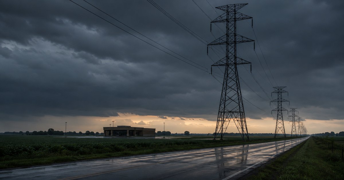 A rural Midwestern high-voltage transmission line corridor at dusk after a storm, steel lattice towers receding across flat farmland under a heavy blue-gray sky, with a small undamaged single-story commercial building in the middle distance sitting dark and closed with an empty parking lot, no people present — a visual metaphor for business interruption losses that begin off premises, at the utility or a dependent property, while the insured building itself is physically untouched.