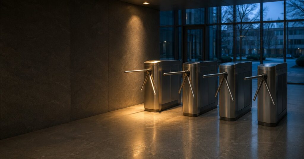 The security lobby of a modern office building at early morning with a row of four brushed-stainless tripod turnstiles receding toward a pre-dawn glass wall, all rotors in the closed rest position, the first lane picked out by a single pool of warm amber light against cool blue-gray ambient light, over polished gray stone flooring with no people present — a visual metaphor for the fixed sequence of checkpoints an employer moves through in the first thirty days after an EEOC charge.