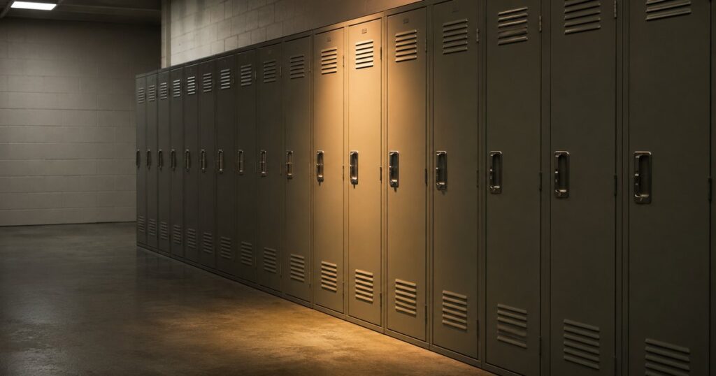 The employee locker corridor of a light-industrial workplace with a long bank of closed gray-green steel lockers receding in perspective, three adjacent locker doors picked out by warm overhead light against cooler institutional lighting, over sealed gray concrete flooring with no people present — a visual metaphor for the three employment claim categories, retaliation, harassment, and wage and hour, present inside every workforce.