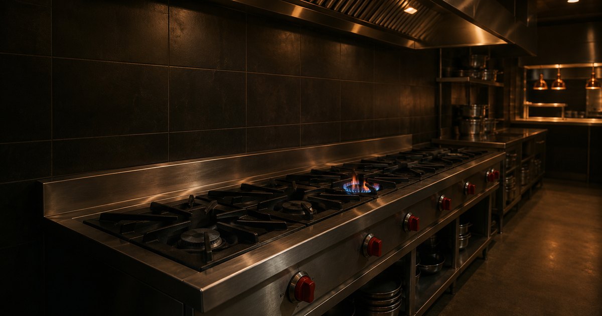 The cooking line of a professional restaurant kitchen in the quiet hour before service, a long stainless commercial gas range with six burner stations receding along the right of the frame, five burners cold and one carrying a low blue-orange flame, under a stainless exhaust hood in low-key warm amber light with no people present — a visual metaphor for the restaurant industry's employment-claims frequency, where the next claim can ignite at any station.