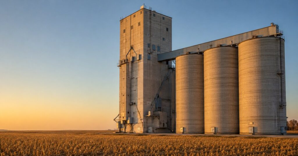A white-gray concrete grain elevator headhouse and row of cylindrical silos standing at the edge of a cut Iowa cornfield at harvest dawn, warm gold light raking across the concrete, all hatches closed and nothing in motion, with open field and sky filling the left of the frame — a visual metaphor for fiduciary stewardship: infrastructure built to faithfully hold value that belongs to other people.