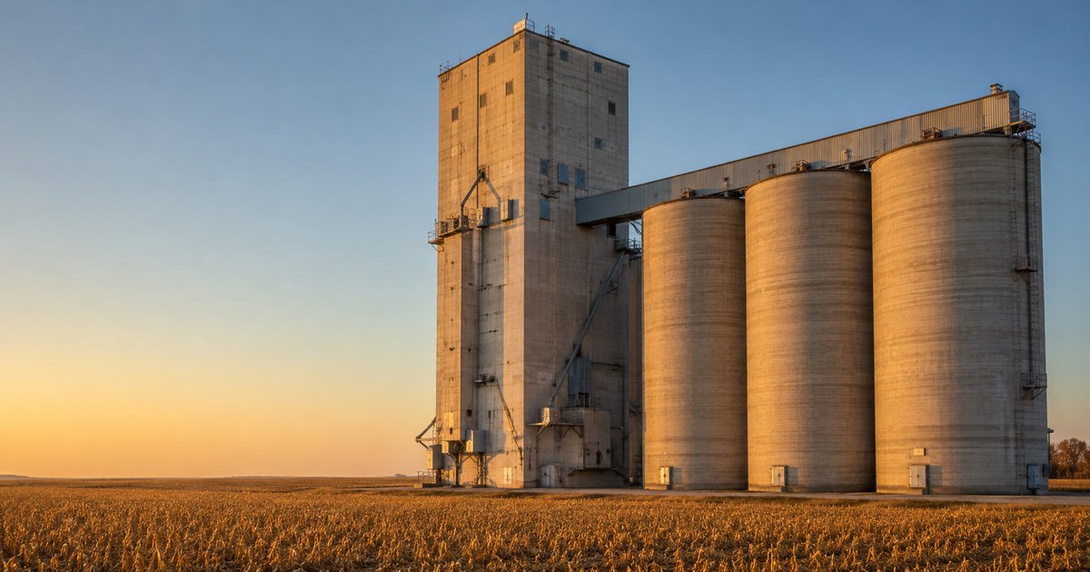 A white-gray concrete grain elevator headhouse and row of cylindrical silos standing at the edge of a cut Iowa cornfield at harvest dawn, warm gold light raking across the concrete, all hatches closed and nothing in motion, with open field and sky filling the left of the frame — a visual metaphor for fiduciary stewardship: infrastructure built to faithfully hold value that belongs to other people.