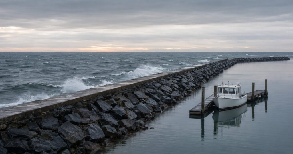 A long rubble-mound stone breakwater with a concrete cap at overcast dawn, steel-gray waves breaking white against its outer face while the harbor water inside lies calm and glassy, a single small white workboat moored level at a timber dock in the sheltered water with no people present — a visual metaphor for corporate indemnification and Side A D&O coverage as the layered wall a director's personal assets shelter behind.