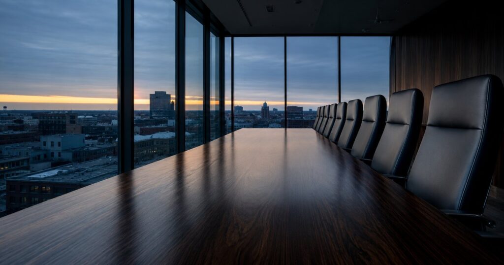 A private company boardroom at dawn with a long dark-walnut table and a receding row of empty charcoal-leather chairs, floor-to-ceiling windows at the far end showing a low Midwestern skyline under cool blue-gray morning light, the bare polished table catching long soft reflections and no people present — a visual metaphor for the personal liability carried by each seat at the table, whether or not anyone is sitting in it.