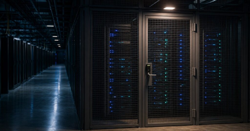 A data-center aisle at night with three racks of running servers glowing blue and teal behind a closed, keycard-locked steel-mesh colocation cage, the dark aisle receding into shadow on the left — a visual metaphor for ransomware locking a business out of its own working systems.