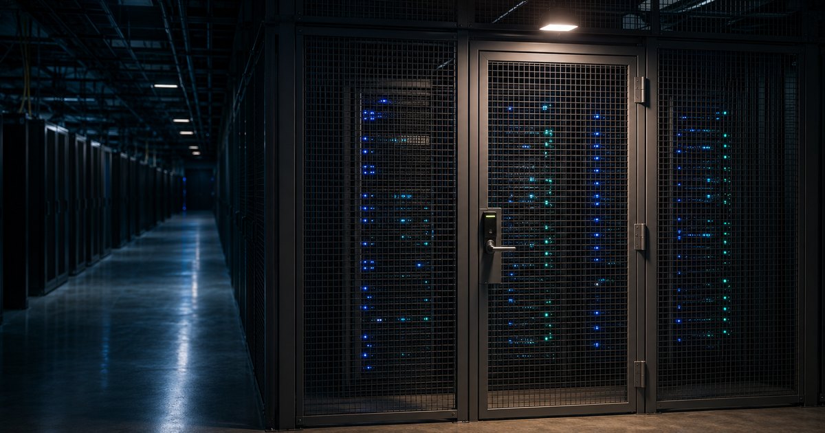 A data-center aisle at night with three racks of running servers glowing blue and teal behind a closed, keycard-locked steel-mesh colocation cage, the dark aisle receding into shadow on the left — a visual metaphor for ransomware locking a business out of its own working systems.