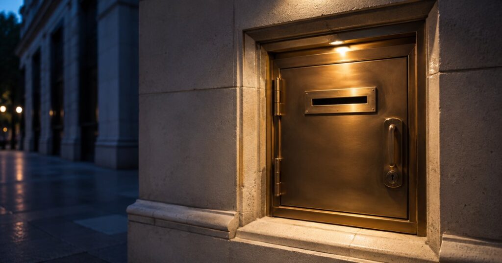 Closed brass night-deposit vault door set in a limestone bank facade at dusk, with a keyed lock and engraved deposit slot plate — a legitimate-looking channel through which money leaves a business.